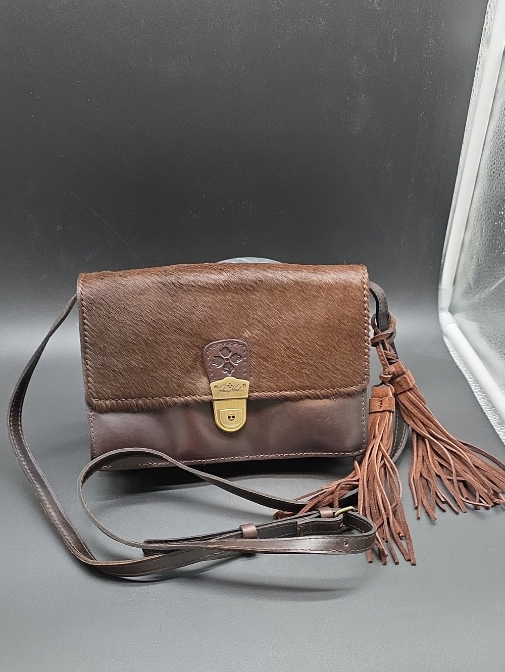 PATRICIA NASH Brown Leather & Haircalf Crossbody Bag with Tassel